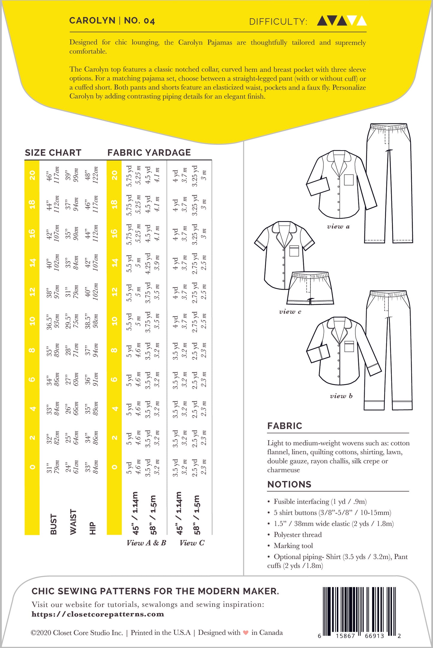 envelope back of Carolyn pajama sewing pattern by closet core pattern