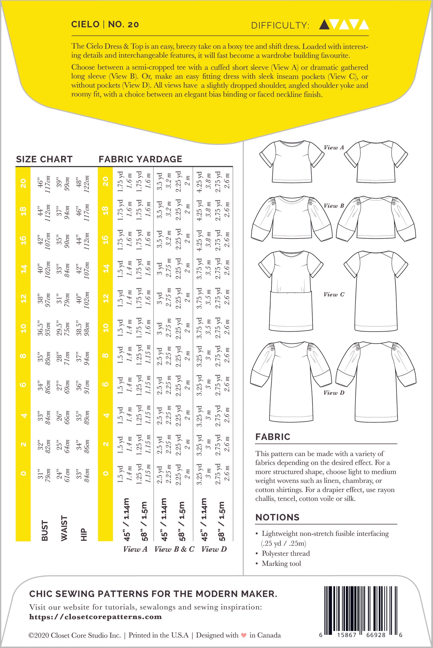 envelope back of Cielo top and dress pattern by closet core patterns
