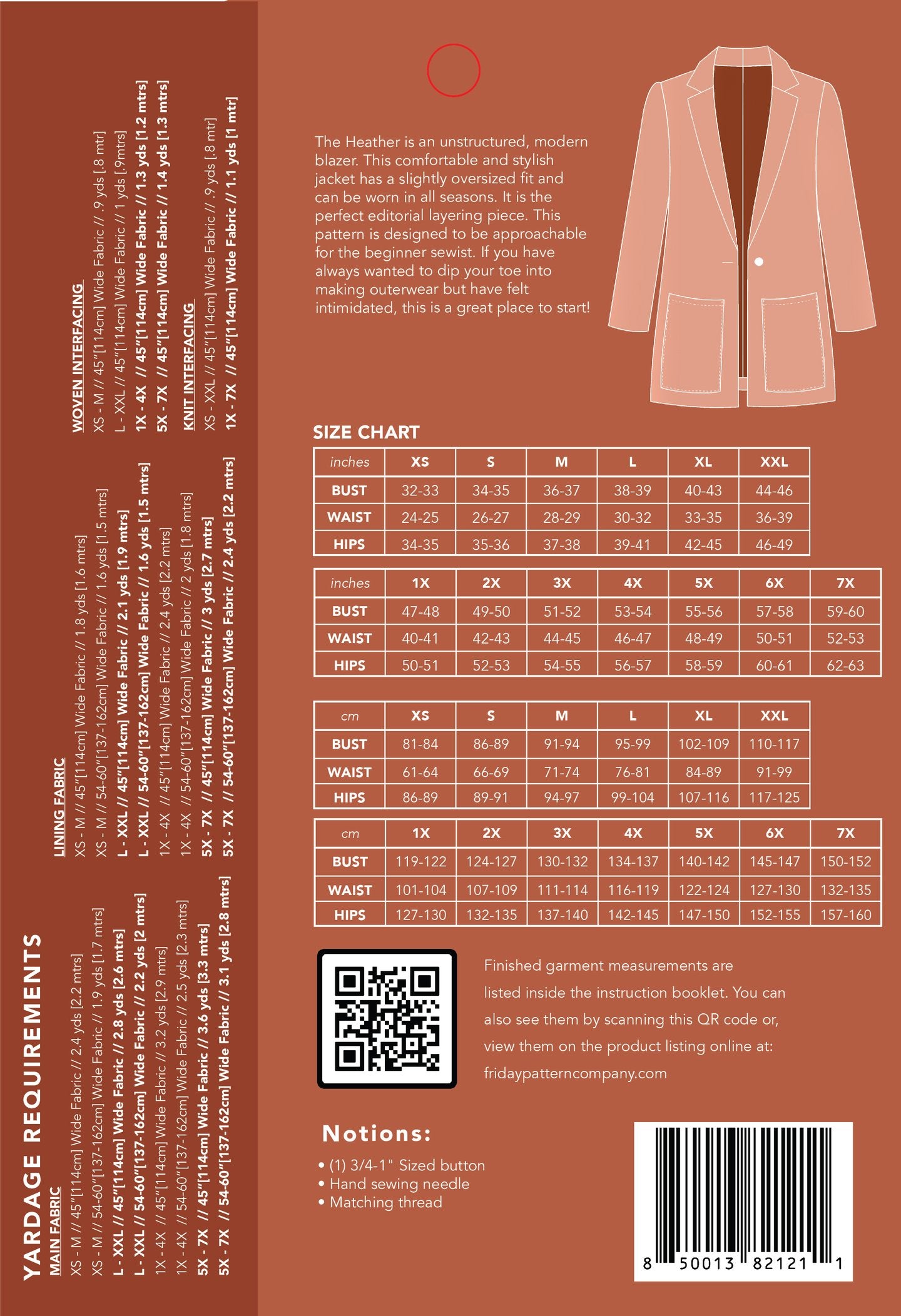 envelope back of Heather blazer sewing pattern by Friday Pattern Company