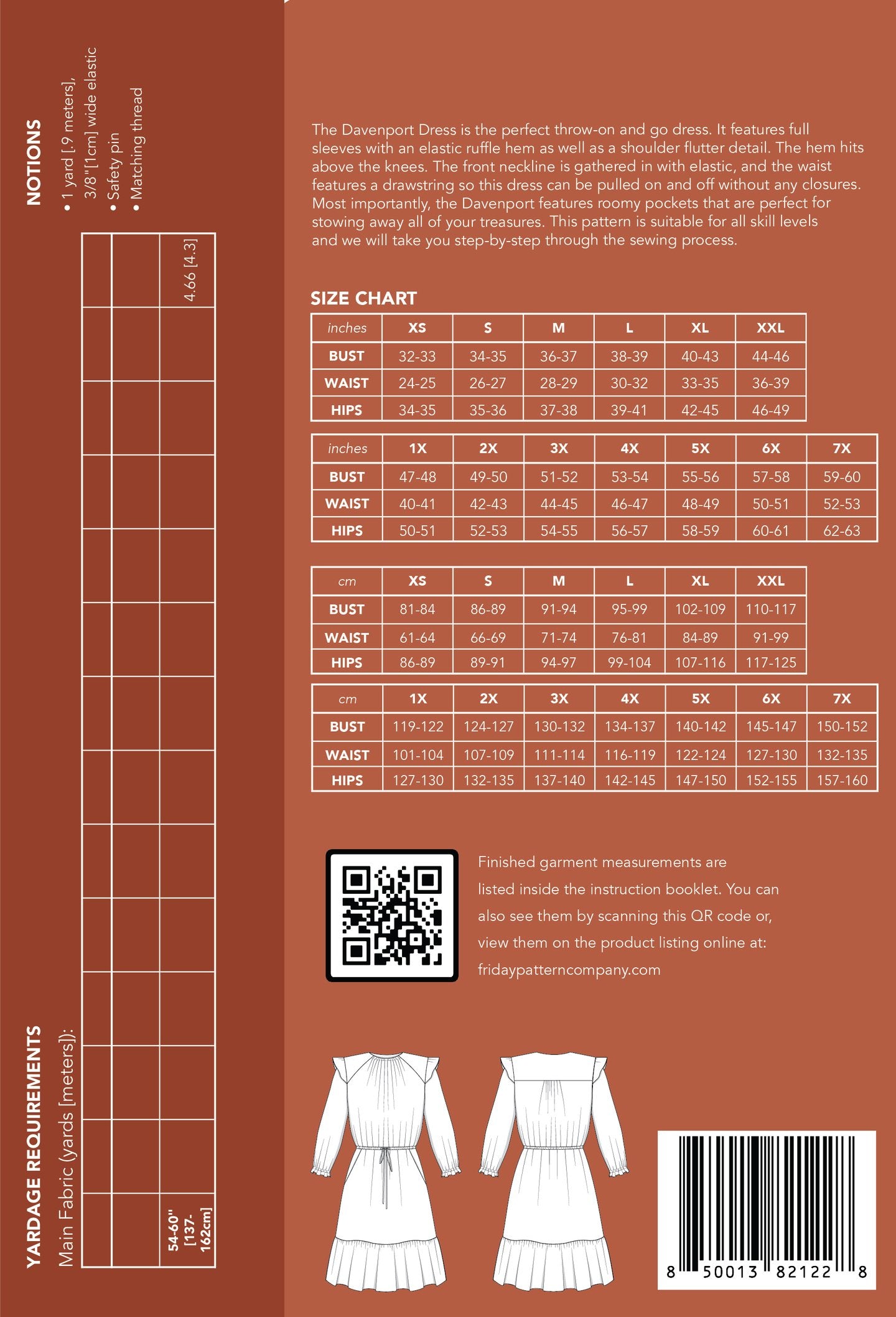Envelope back of The Davenport Dress sewing pattern by The Friday Pattern Company