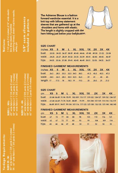 envelope back of Adrienne Blouse sewing pattern by Friday Pattern Company