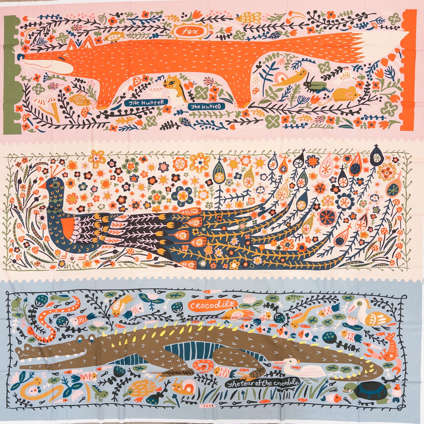 Fox Peacock Crocodile Whole Quilt Panel