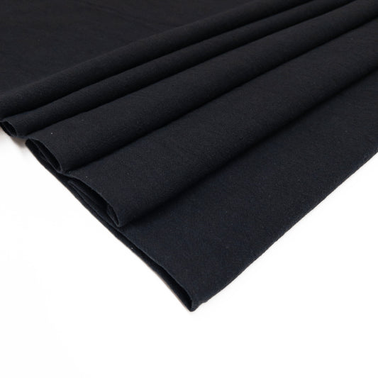 Black, opaque garment fabic with a slub texture folded displayed as folded tiers