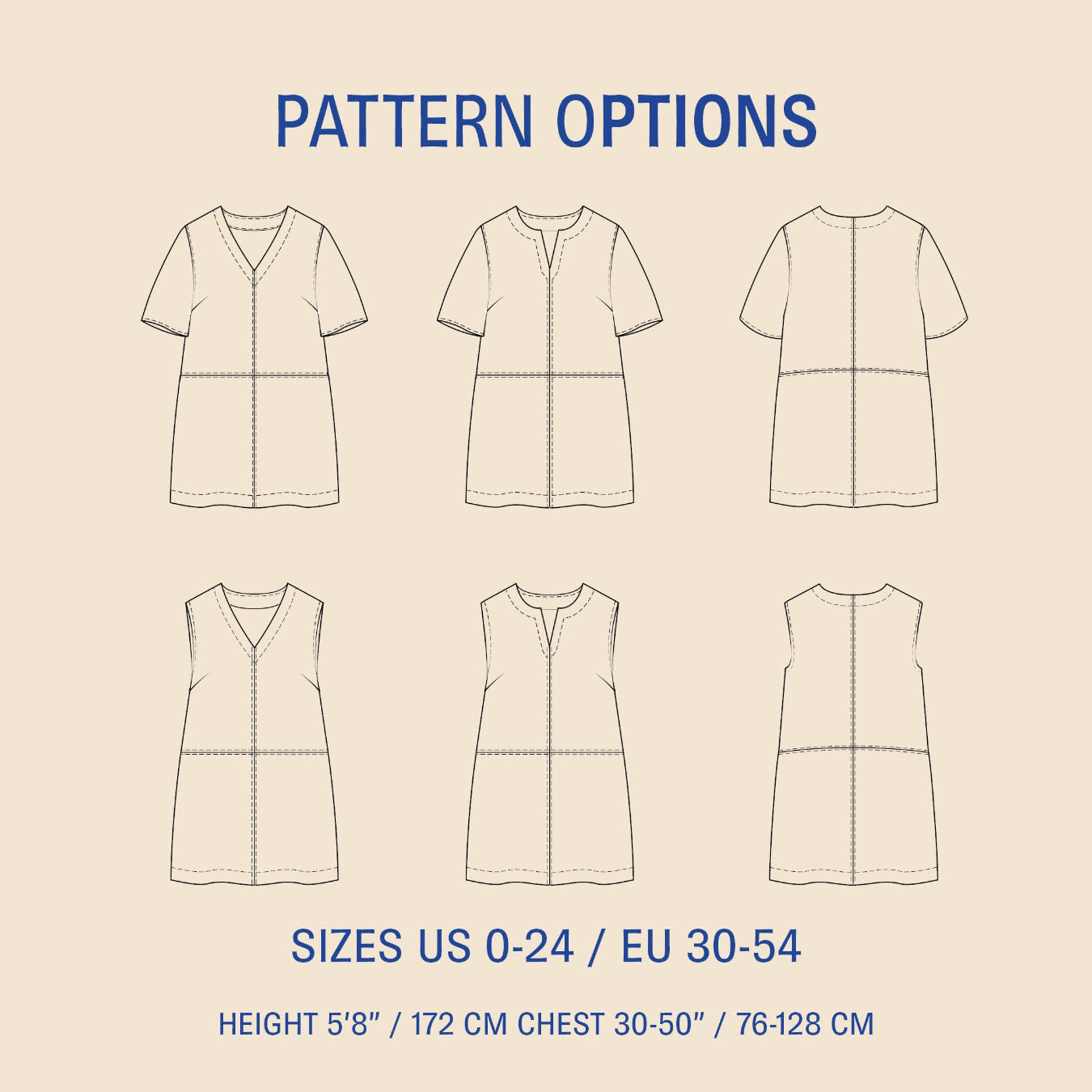 Pattern options for a dress with various views on a beige background