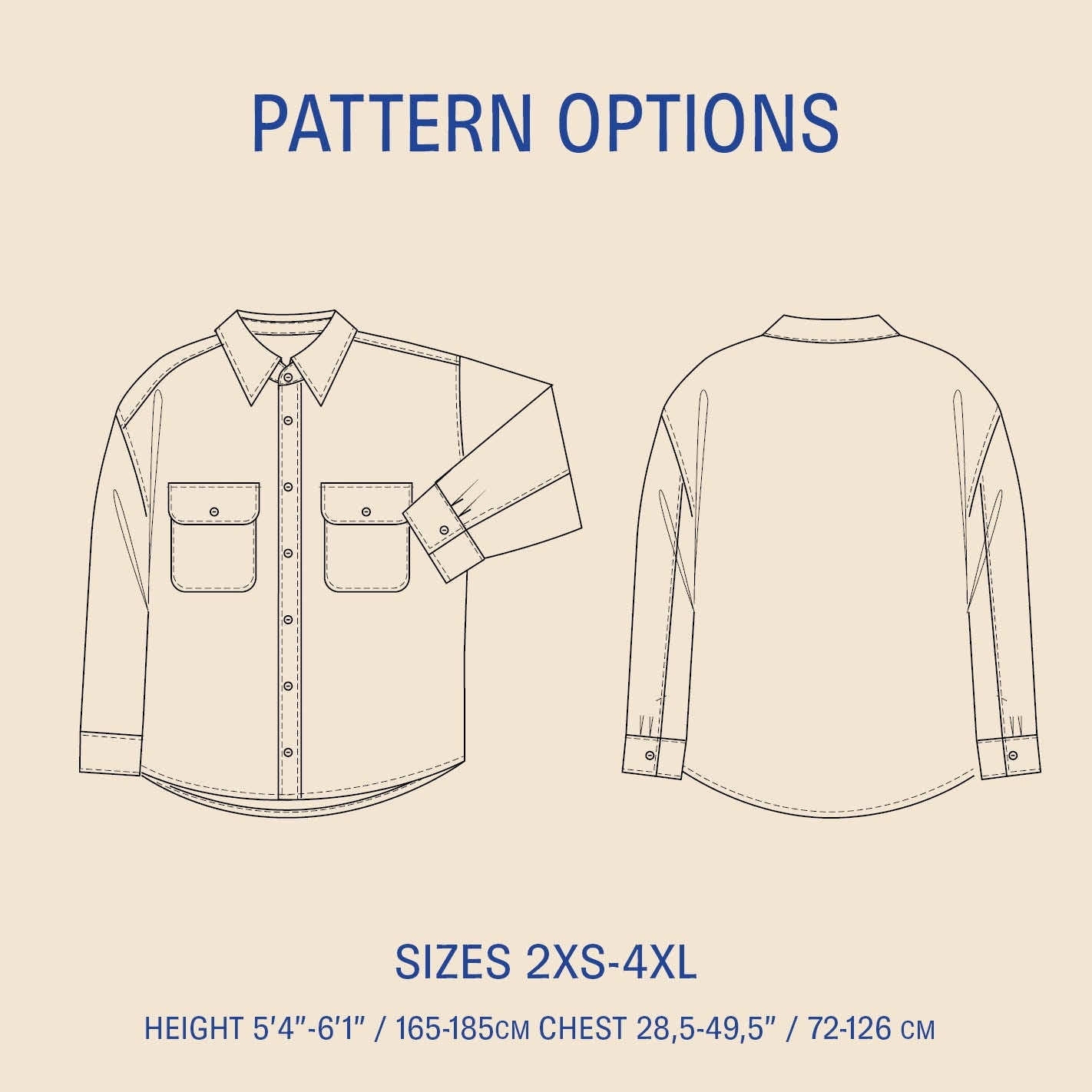 Outline of a shirt with pattern options and size information on a beige background