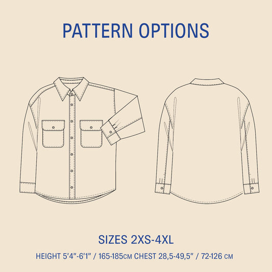 Outline of a shirt with pattern options and size information on a beige background