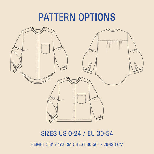 Line drawings of three shirt designs with pattern options on a beige background.