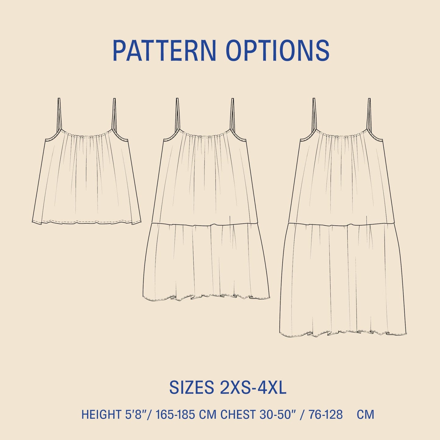 Outline of a dress with pattern options and size information on a beige background
