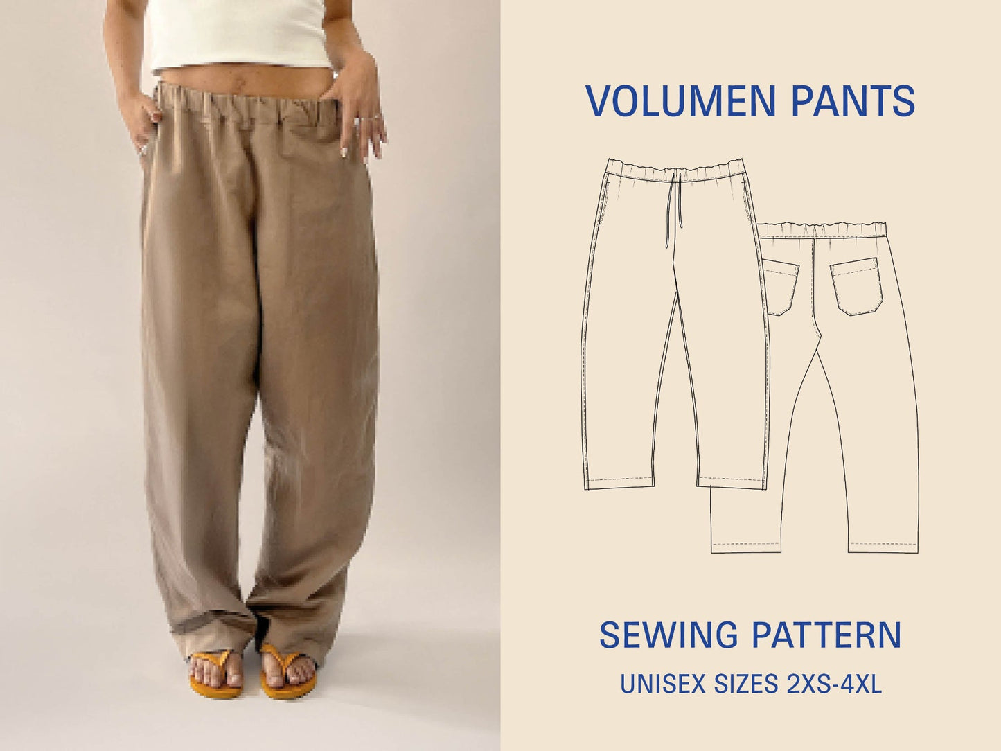 Volumen pants with a person wearing them and a sewing pattern illustration on a beige background.