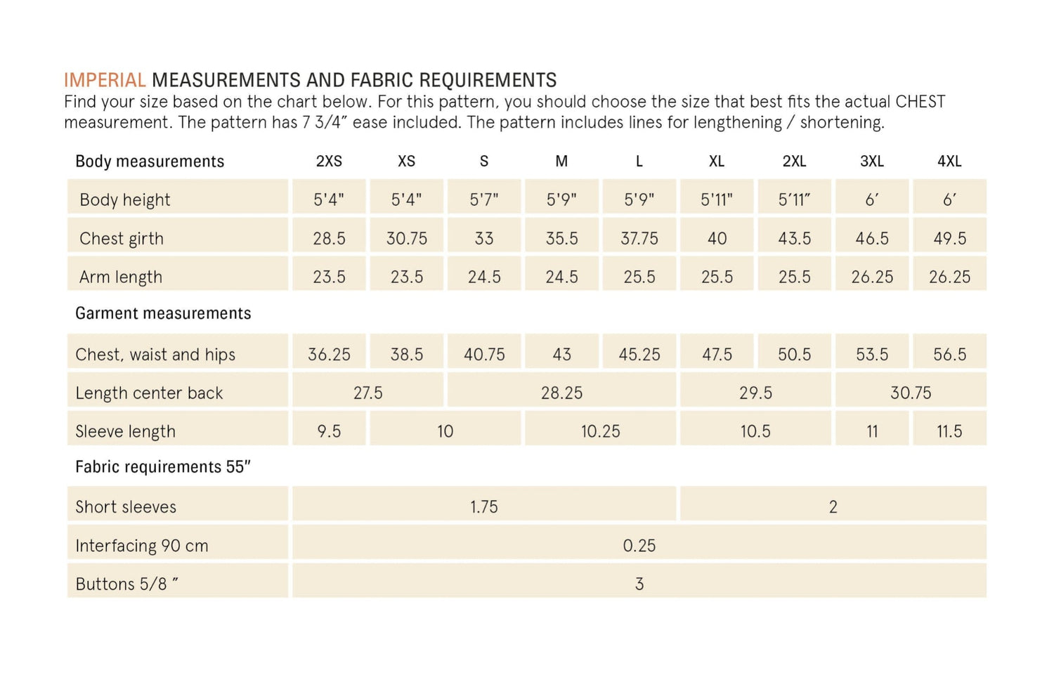Measurement chart for clothing with body and garment dimensions on a white background
