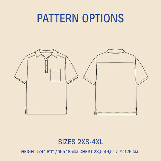 Outline of a polo shirt with pattern options and size chart on a beige background
