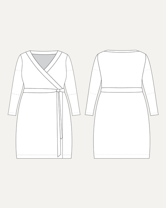 Line drawing of a wrap dress from front and back views on a white background. This dress is the Appleton Wrap Dress sewing pattern from Cashmerette.