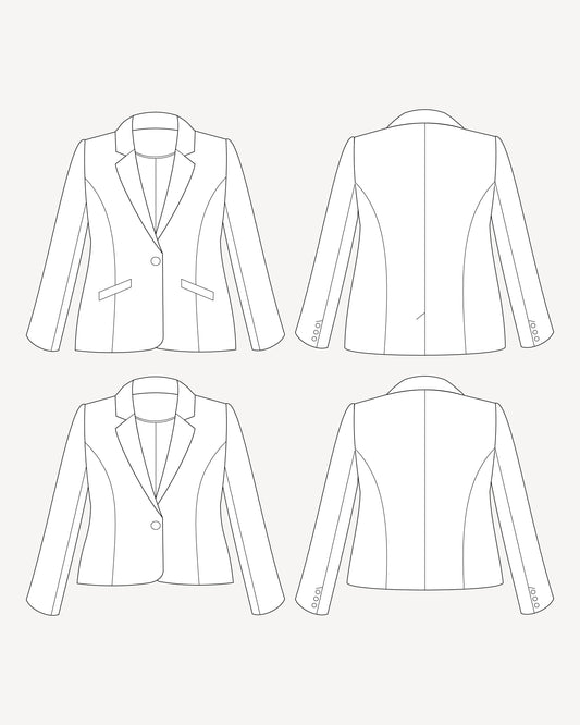 Line drawing of a blazer from multiple angles on a white background. This blazer is the Auburn Blazer sewing pattern from Cashmerette.