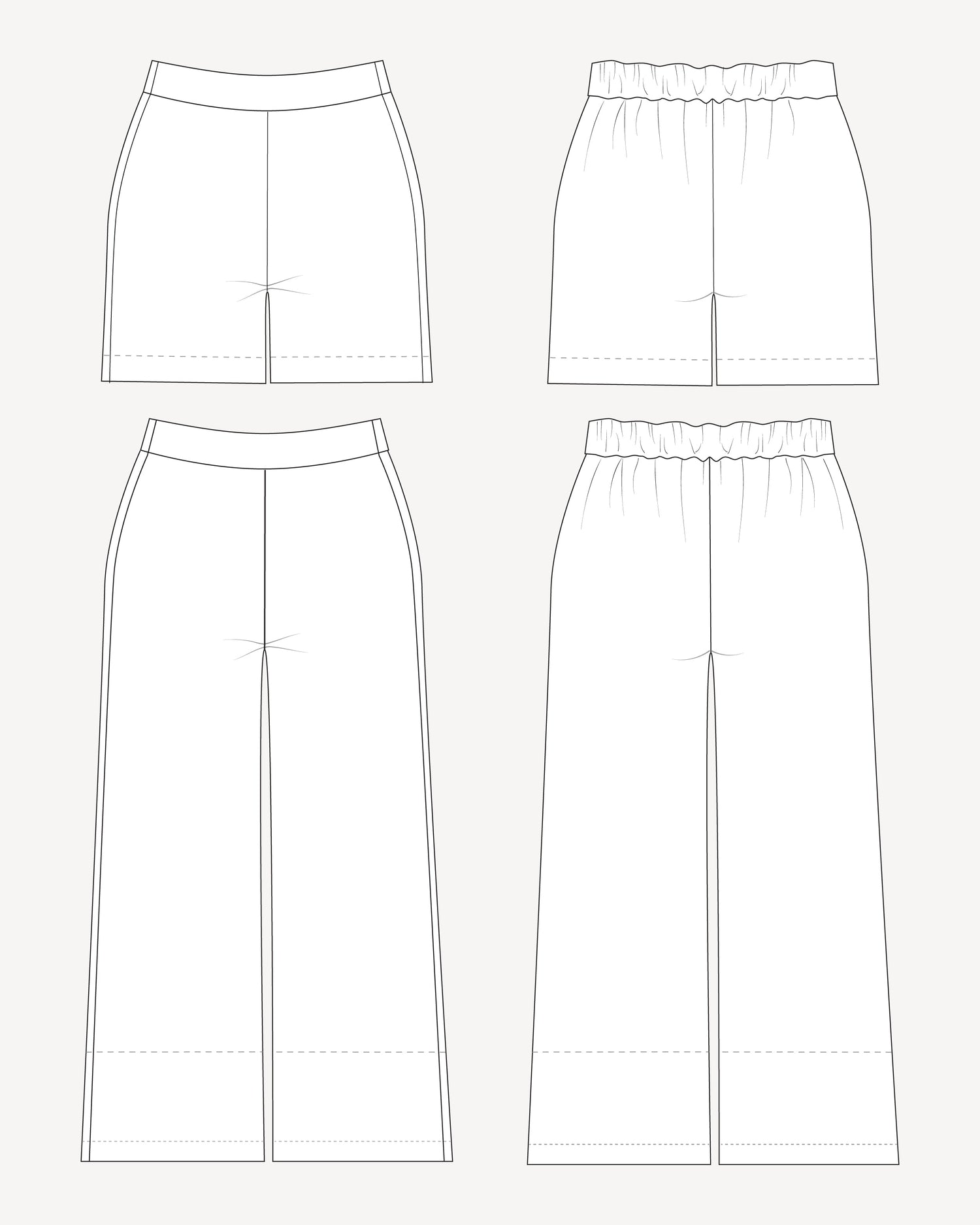 Line drawings of various styles of pants on a white background. These pants are the Calder Pants & Shorts sewing pattern from Cashmerette.