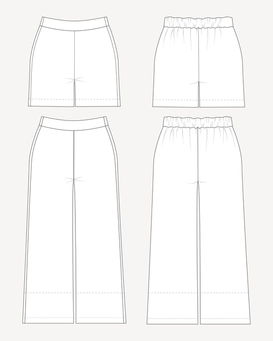 Line drawings of various styles of pants on a white background. These pants are the Calder Pants & Shorts sewing pattern from Cashmerette.