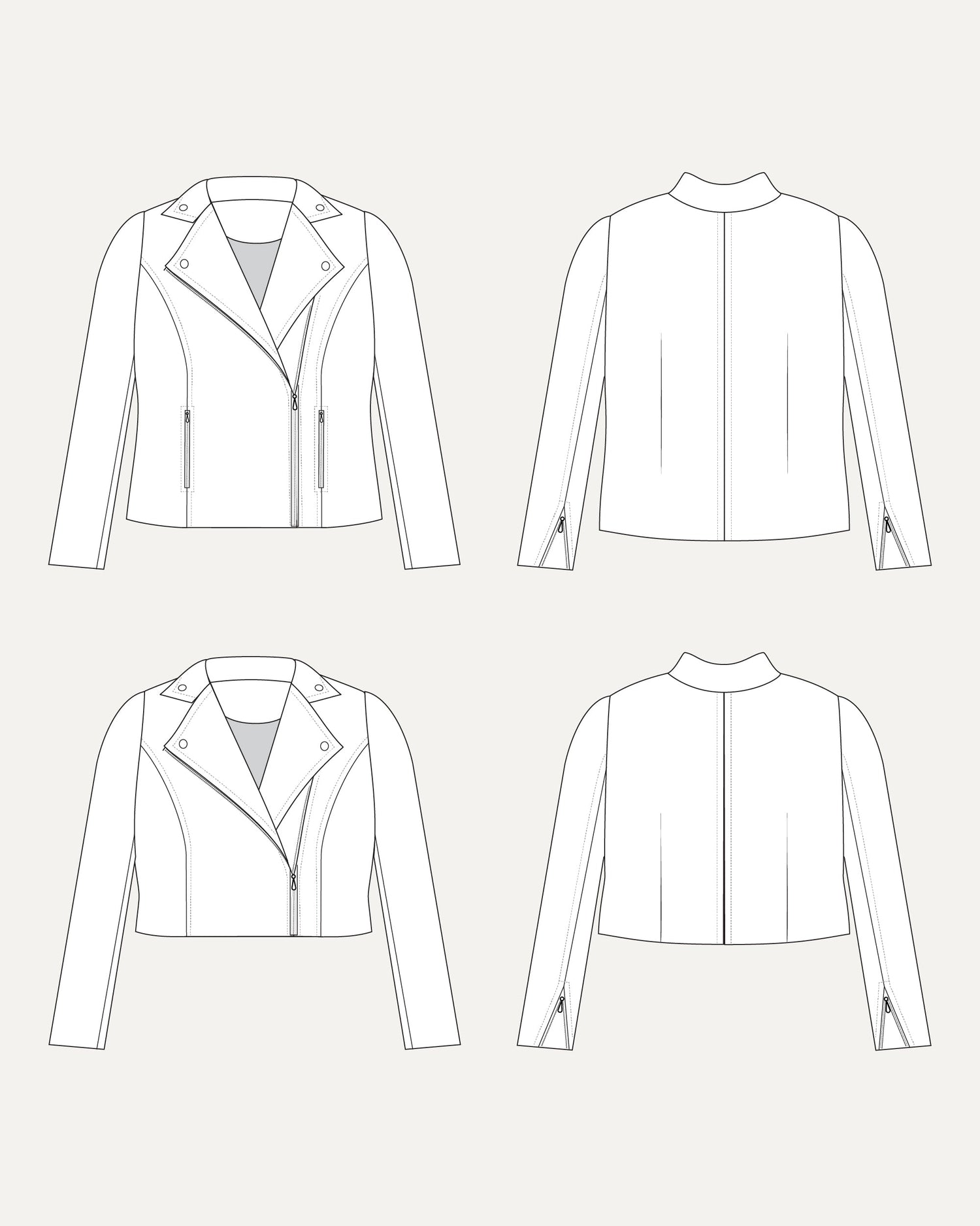 Line drawing of a jacket from multiple angles on a white background. This biker jacket is the Canton Moto Jacket sewing pattern from Cashmerette.