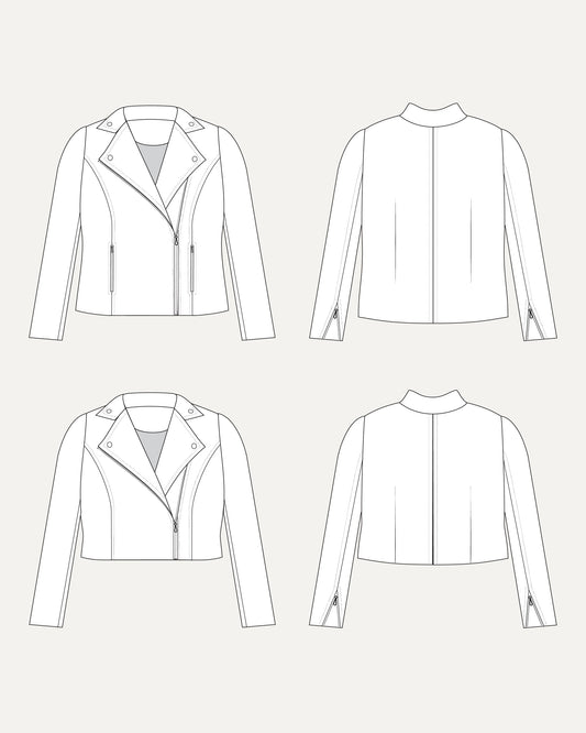 Line drawing of a jacket from multiple angles on a white background. This biker jacket is the Canton Moto Jacket sewing pattern from Cashmerette.
