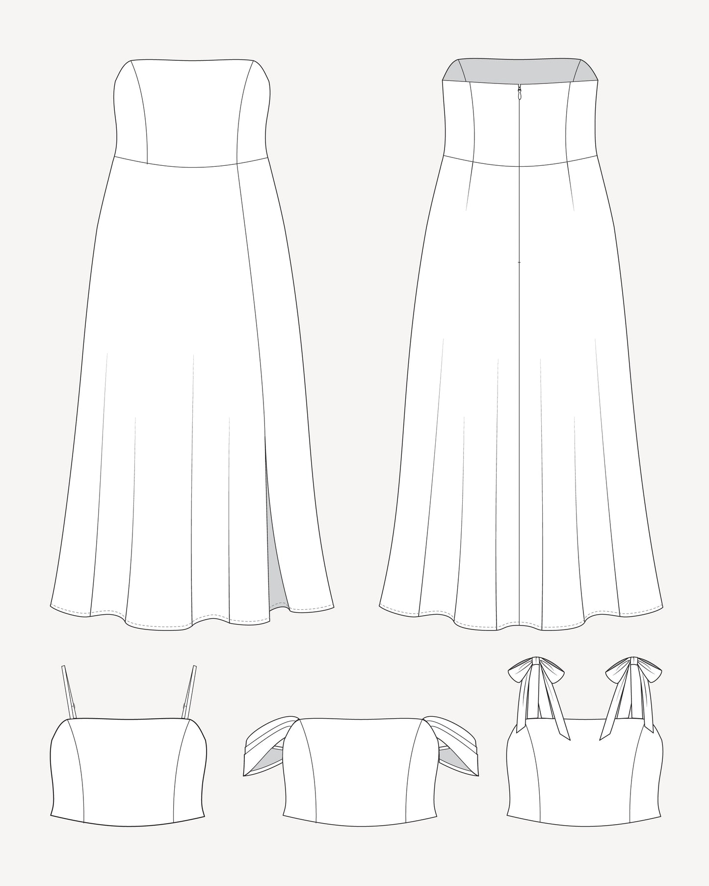 Line drawings of various strapless dresses on a white background. This dress is the Ellington Strapless Dress sewing pattern from Cashmerette.