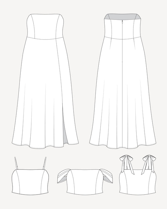 Line drawings of various strapless dresses on a white background. This dress is the Ellington Strapless Dress sewing pattern from Cashmerette.