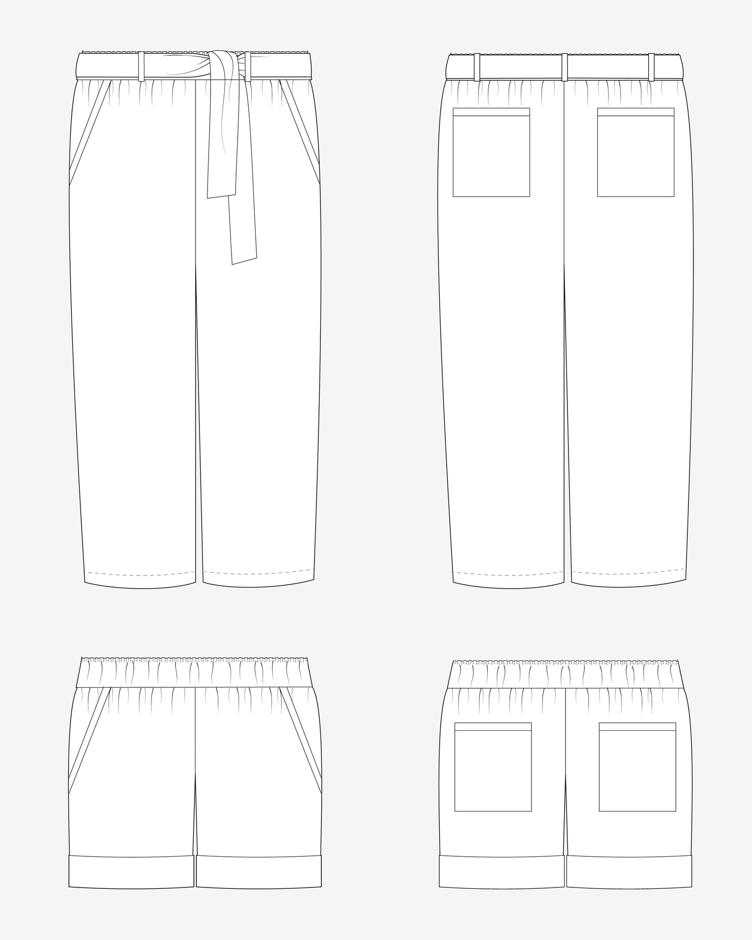 Line drawing of a pair of pants with a belt and front pockets on a white background. These pants are the Everett Pants & Shorts sewing pattern from Cashmerette.
