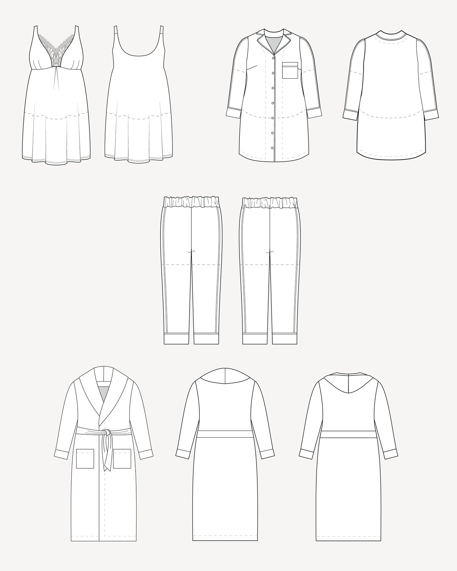 Set of black line drawings of various clothing items on a white background. This is the Fiske Sleepwear Set sewing pattern from Cashmerette.