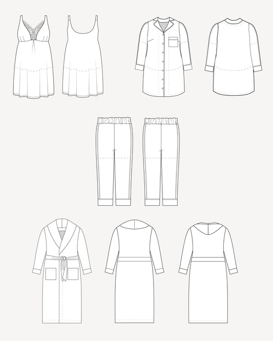 Set of black line drawings of various clothing items on a white background. This is the Fiske Sleepwear Set sewing pattern from Cashmerette.