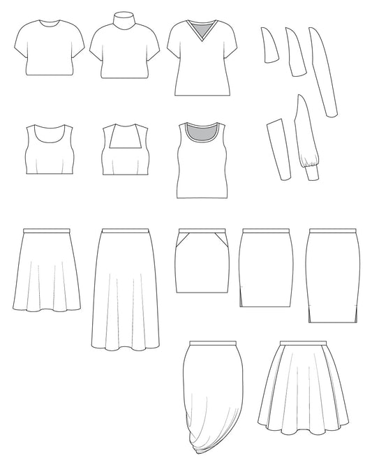 Line drawings of various clothing items including shirts, tops, and skirts on a white background.. This is the Grafton Dress, Top & Skirt sewing pattern from Cashmerette.