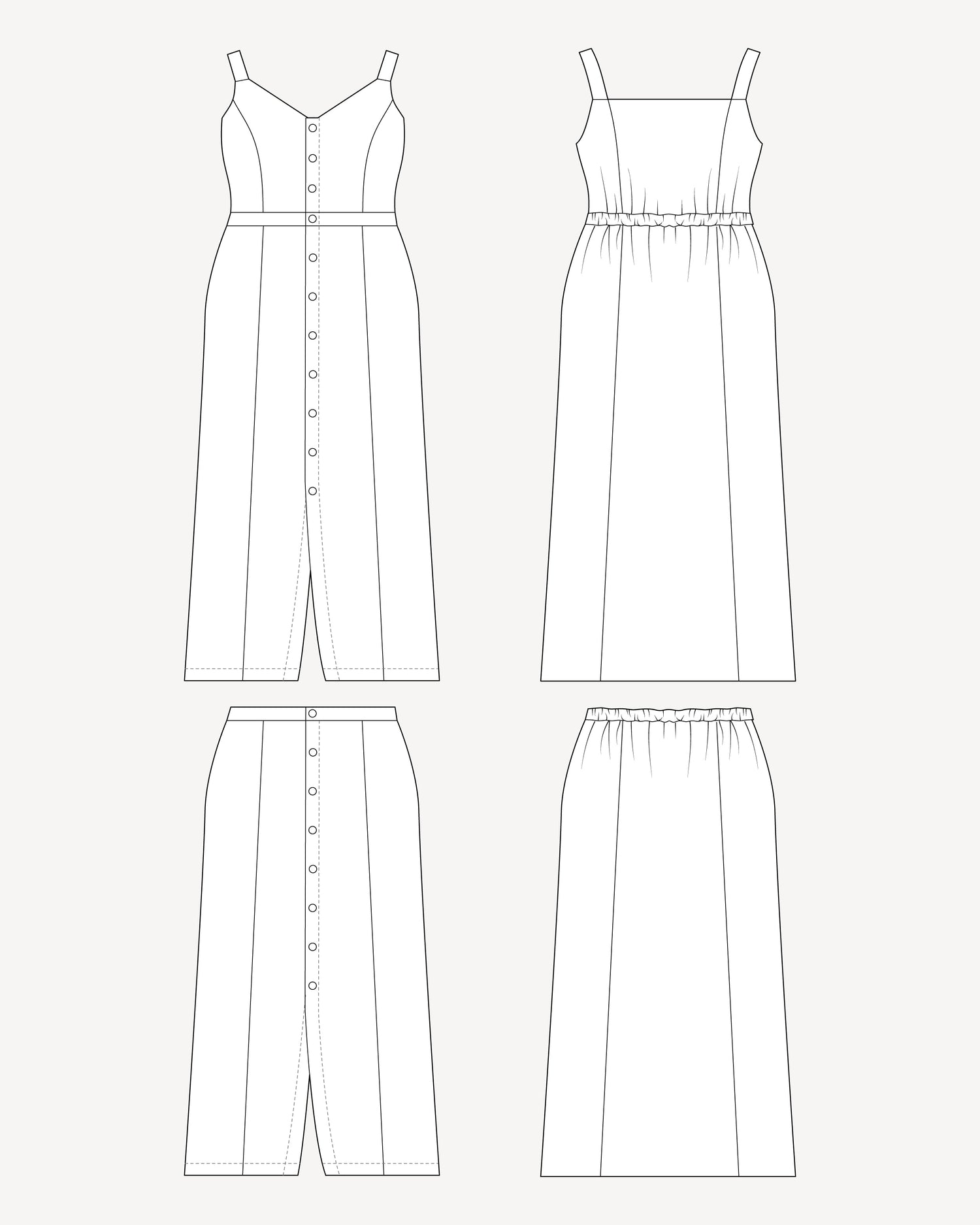 Line drawing of a dress and skirt on a white background. This is the Holyoke Maxi Dress & Skirt sewing pattern from Cashmerette.