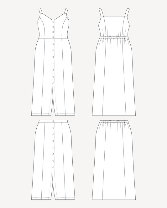 Line drawing of a dress and skirt on a white background. This is the Holyoke Maxi Dress & Skirt sewing pattern from Cashmerette.