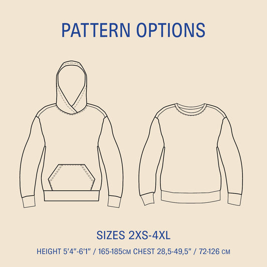 Outline of a hoodie and a sweatshirt with pattern options and size information on a beige background.