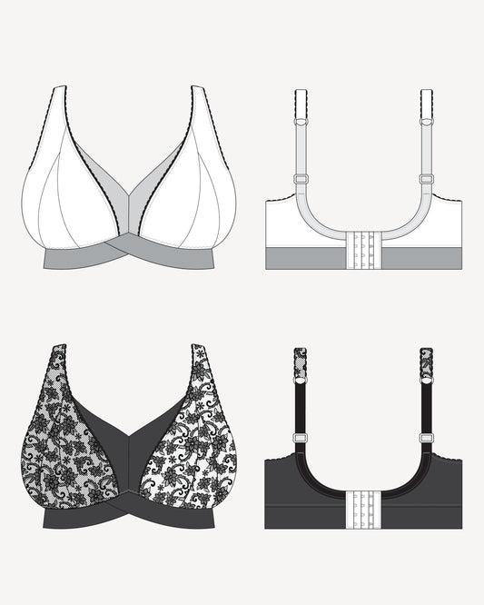 Illustrations of various bras from different angles on a white background. This bralette is the Loftus Bralette sewing pattern from Cashmerette.
