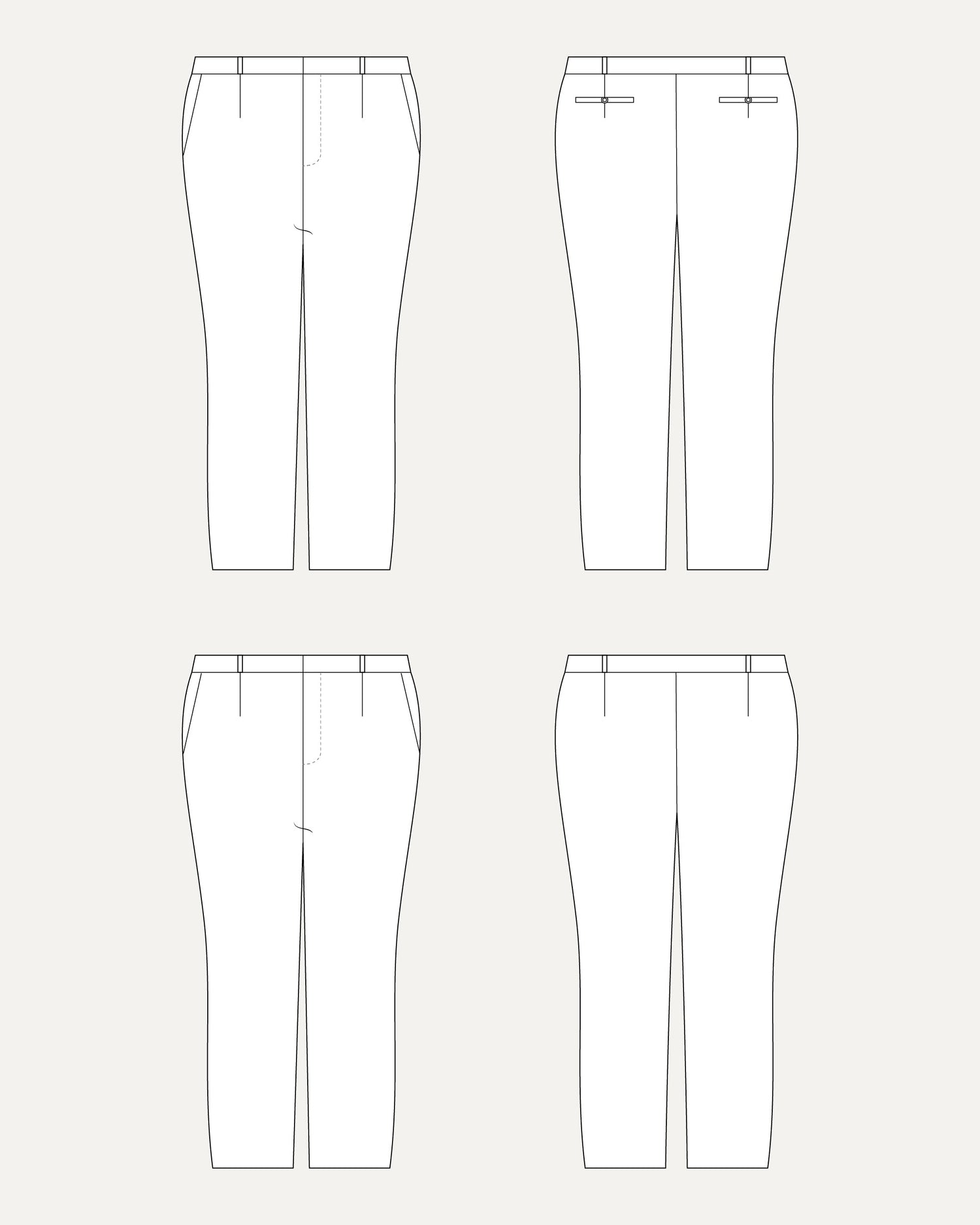 Technical drawing of a pair of pants from multiple angles on a white background. These pants are the Meriam Trousers sewing pattern from Cashmerette.