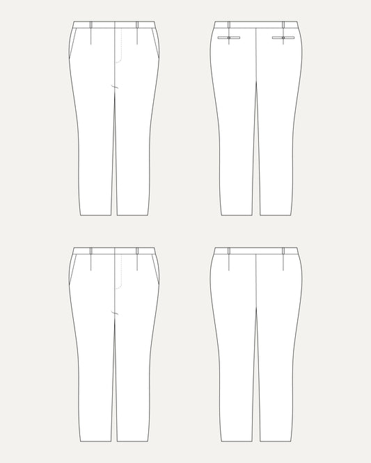 Technical drawing of a pair of pants from multiple angles on a white background. These pants are the Meriam Trousers sewing pattern from Cashmerette.