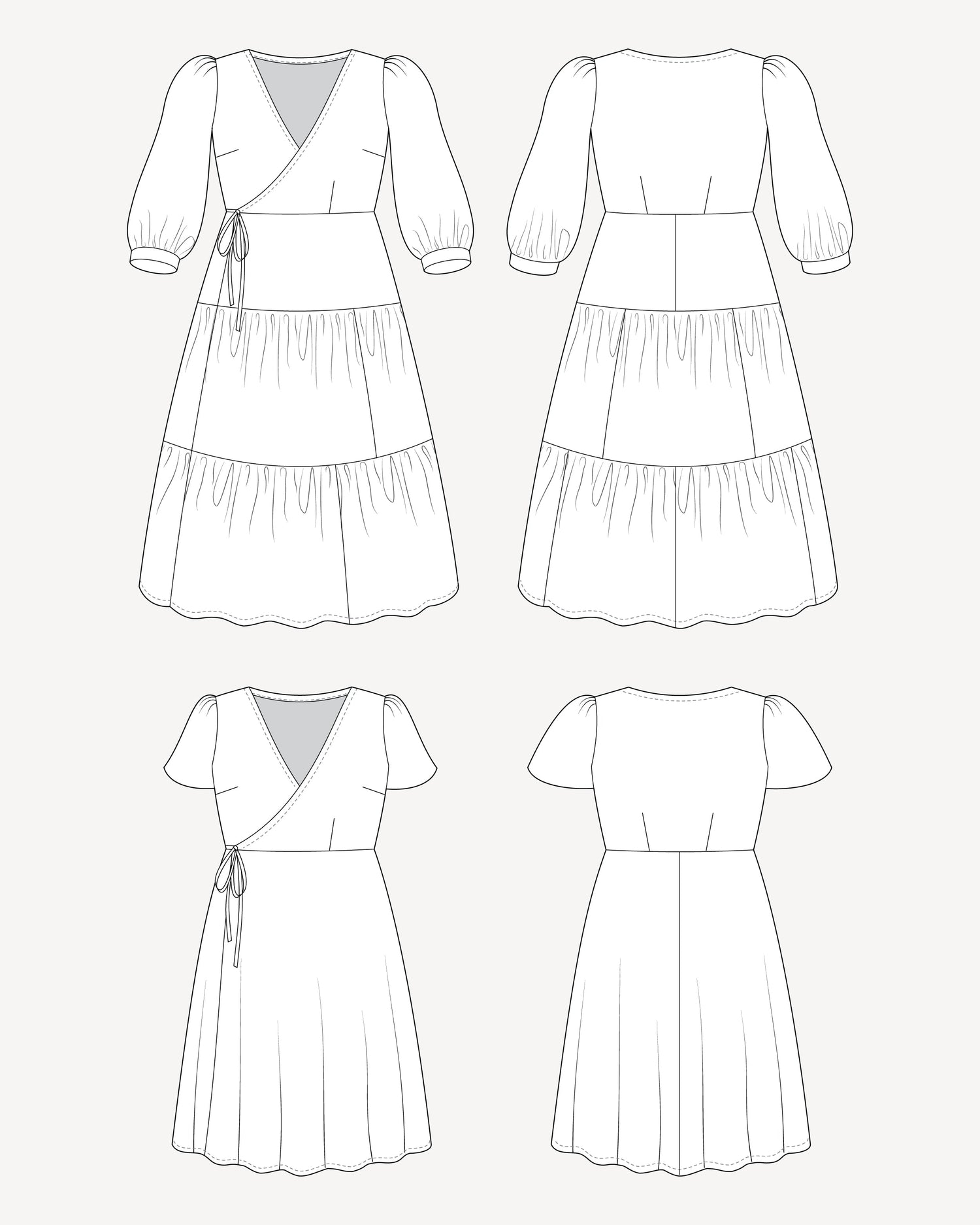 Line art of a dress from multiple angles on a white background. This dress is the Roseclair Wrap Dress sewing pattern from Cashmerette.