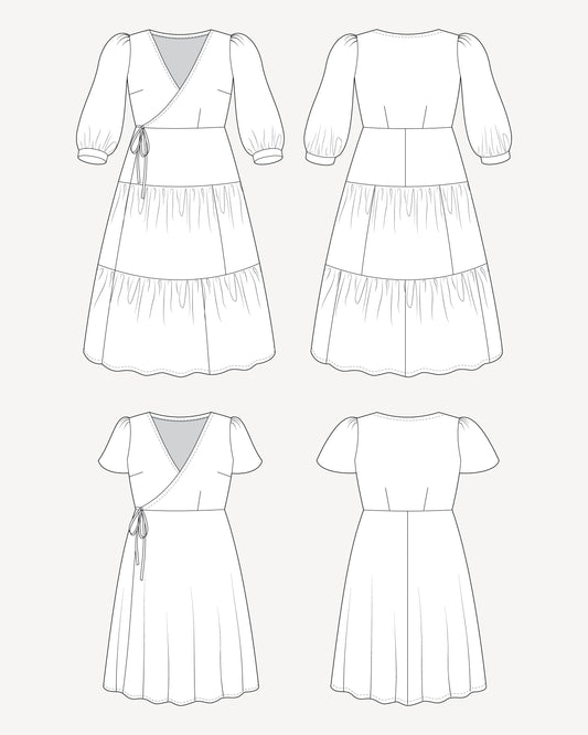 Line art of a dress from multiple angles on a white background. This dress is the Roseclair Wrap Dress sewing pattern from Cashmerette.
