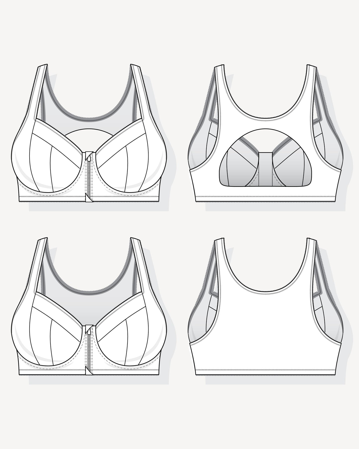 Technical drawings of a sports bra from multiple angles on a white background. This is the Somerville Sports Bra sewing pattern from Cashmerette.