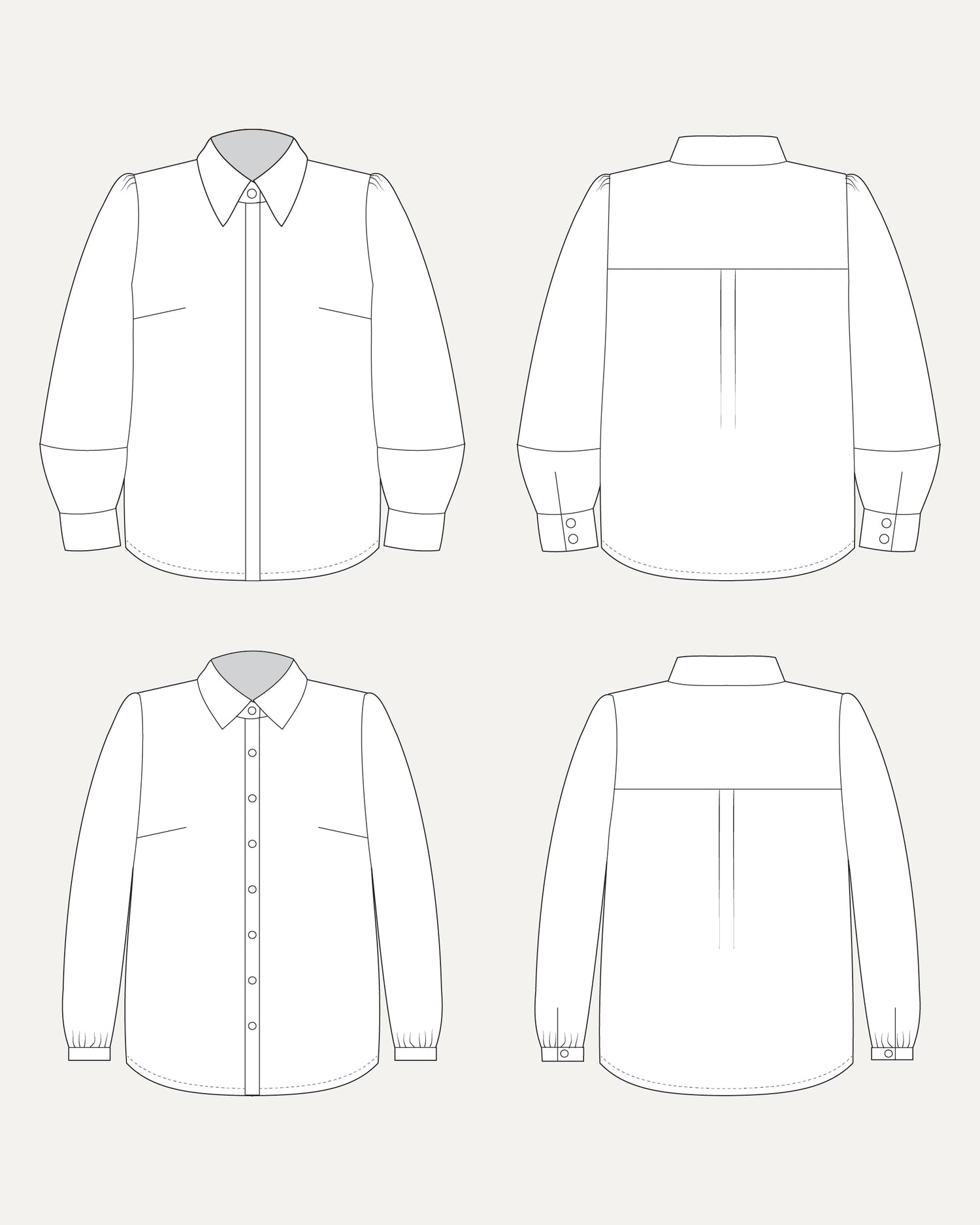 Line drawing of a shirt from front, back, and side views on a white background. This top is the Vernon Shirt sewing pattern from Cashmerette.