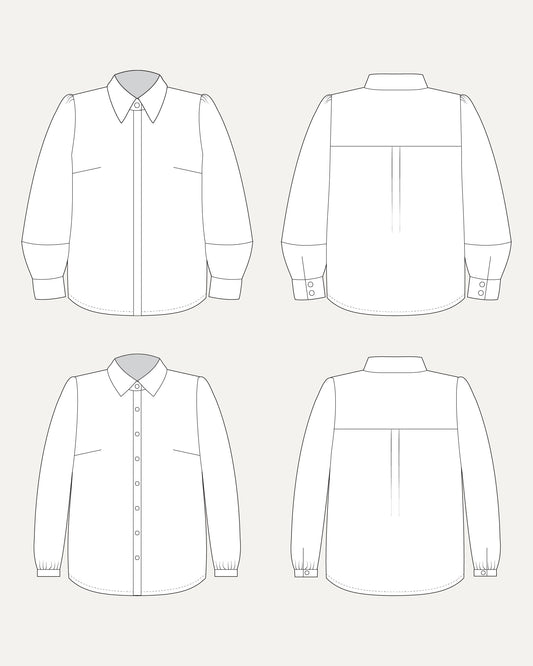 Line drawing of a shirt from front, back, and side views on a white background. This top is the Vernon Shirt sewing pattern from Cashmerette.