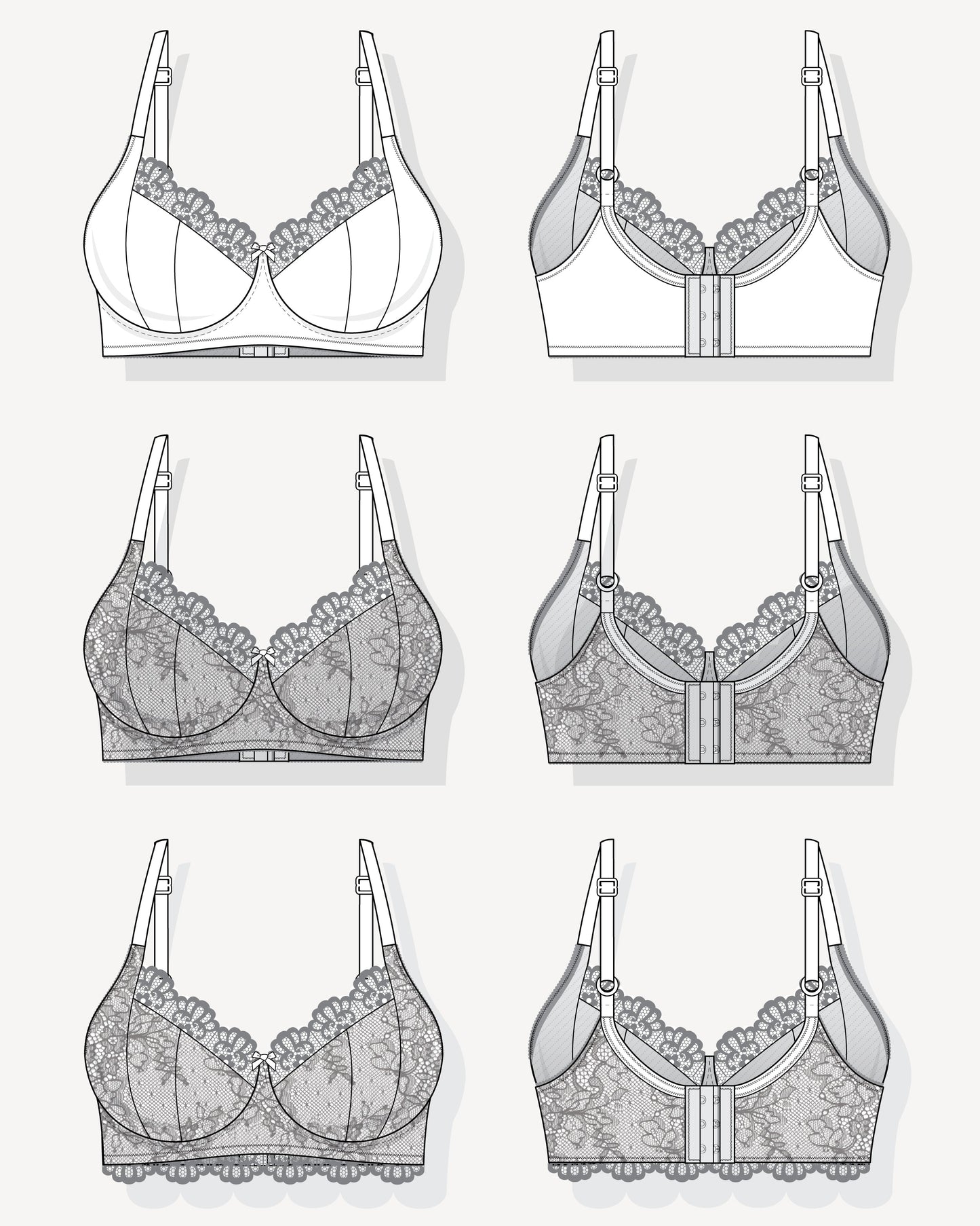Technical drawings of various types of bras on a white background. This bra is the Willowdale Bra sewing pattern from Cashmerette.