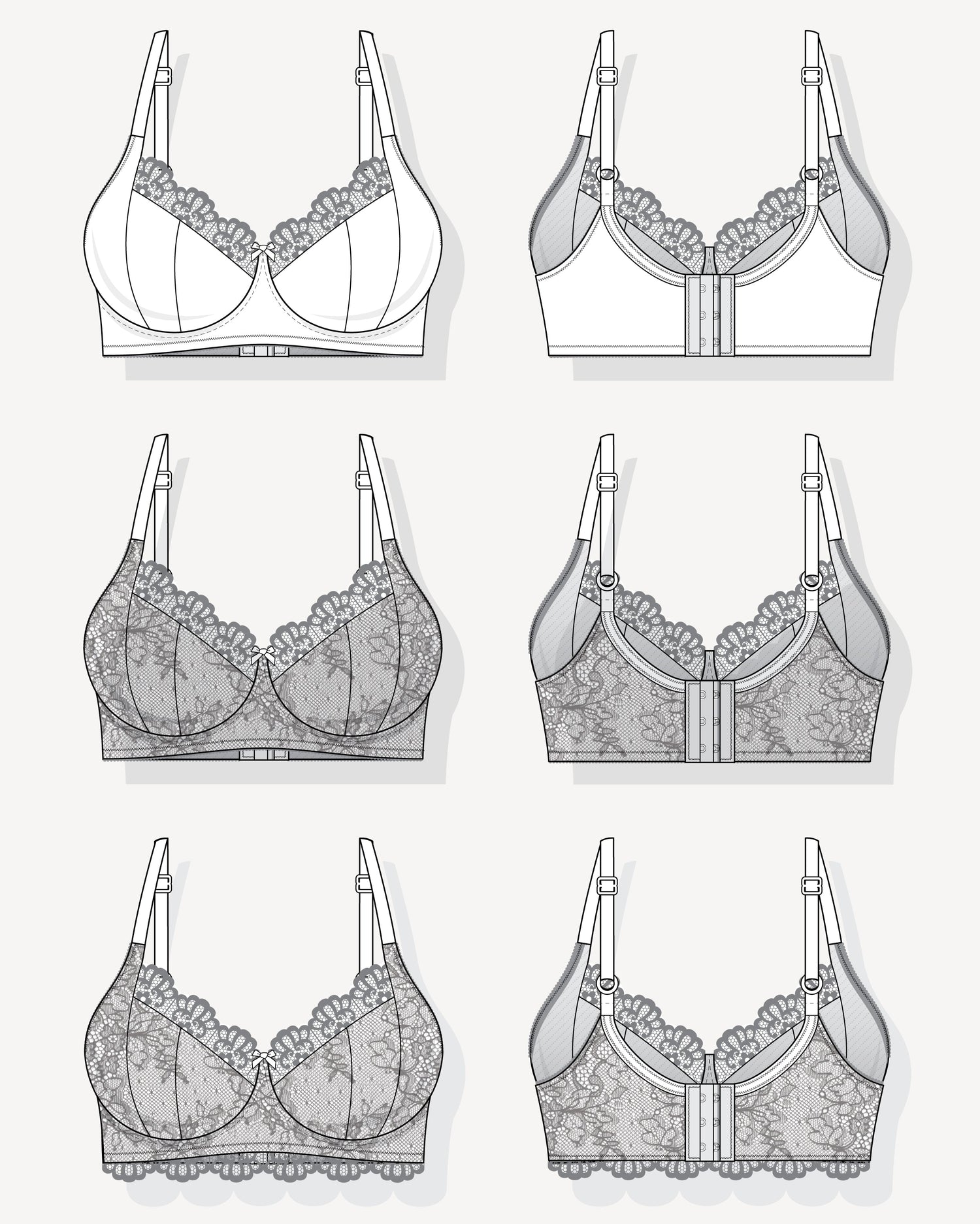 Technical drawings of various types of bras on a white background. This bra is the Willowdale Bra sewing pattern from Cashmerette.