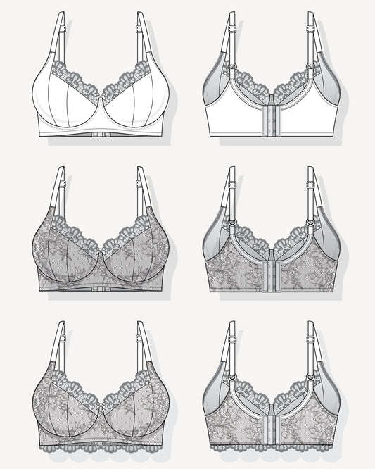 Technical drawings of various types of bras on a white background. This bra is the Willowdale Bra sewing pattern from Cashmerette.
