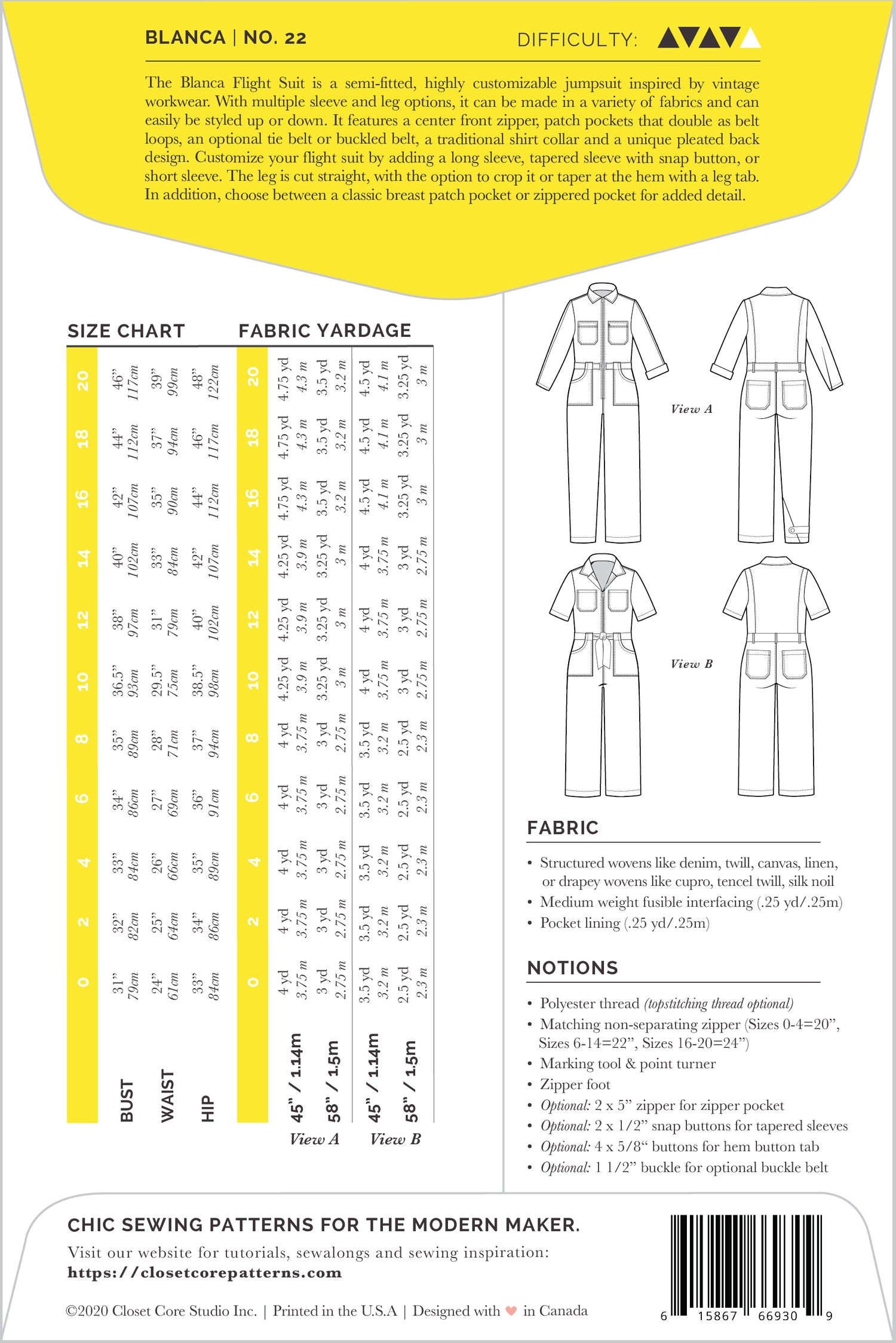 envelope back of Blanca Flilght Suit sewing pattern by Closet Core Patterns