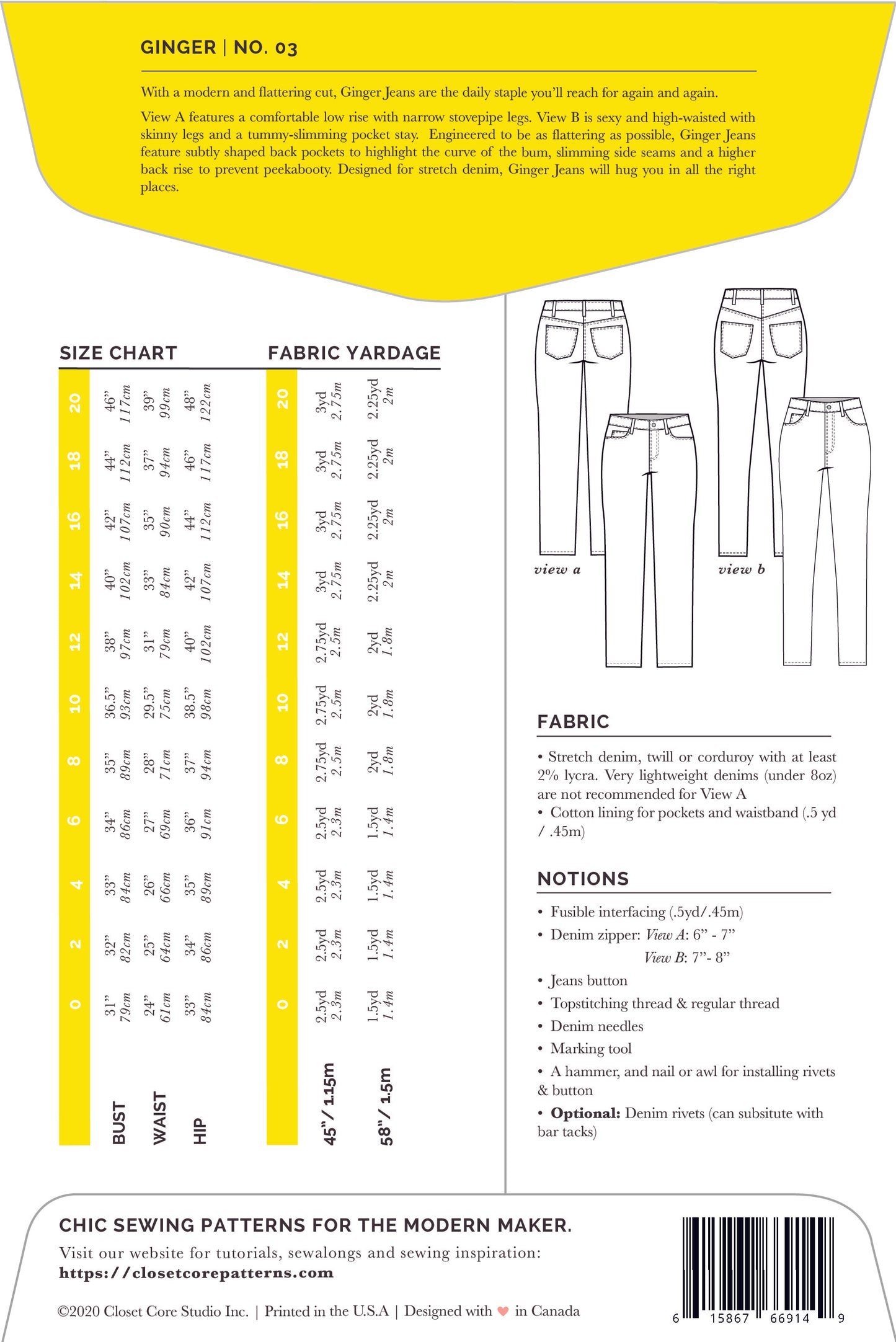 envelope back of Ginger Skinny Jeans sewing pattern by closet core patterns